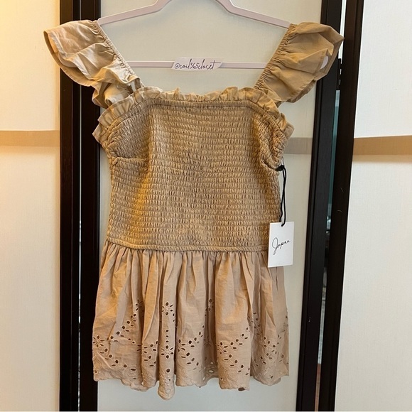 NEW Japna Smocked Eyelet Top Size Small Tan with Scalloped Hem Ruffled Straps - Picture 7 of 11